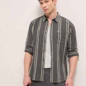 grey slim fit casual shirt with woven vertical textured stripes