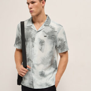 light grey faded abstract print relaxed fit cuban collar shirt