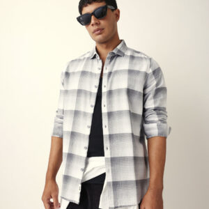 grey with white woven checkered slim fit casual shirt