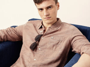 brown woven patch block check slim fit casual shirt