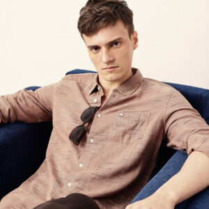 brown woven patch block check slim fit casual shirt