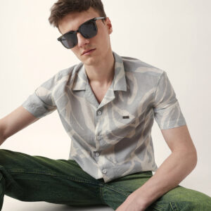 teal with cream relaxed fit abstract stroke print half sleeve casual shirt