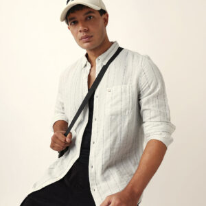 light green & white vertical striped slim fit casual shirt with textured stitch detailing