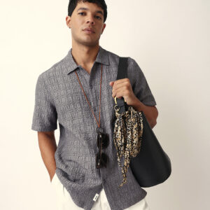 grey textured geometric relaxed fit casual half sleeve shirt