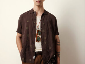 brown embroidered motif regular fit casual shirt