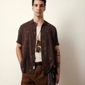 brown embroidered motif regular fit casual shirt