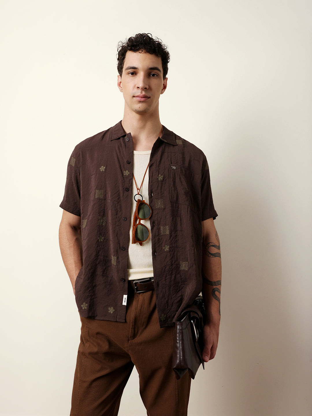 brown embroidered motif regular fit casual shirt brown embroidered motif regular fit casual shirt
