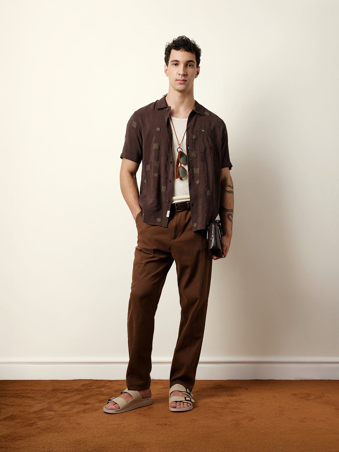 brown embroidered motif regular fit casual shirt brown embroidered motif regular fit casual shirt