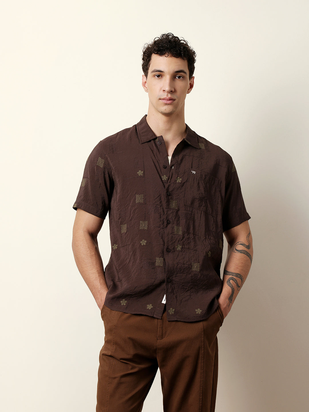 brown embroidered motif regular fit casual shirt brown embroidered motif regular fit casual shirt