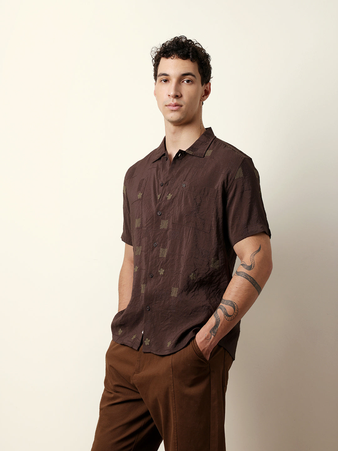 brown embroidered motif regular fit casual shirt brown embroidered motif regular fit casual shirt