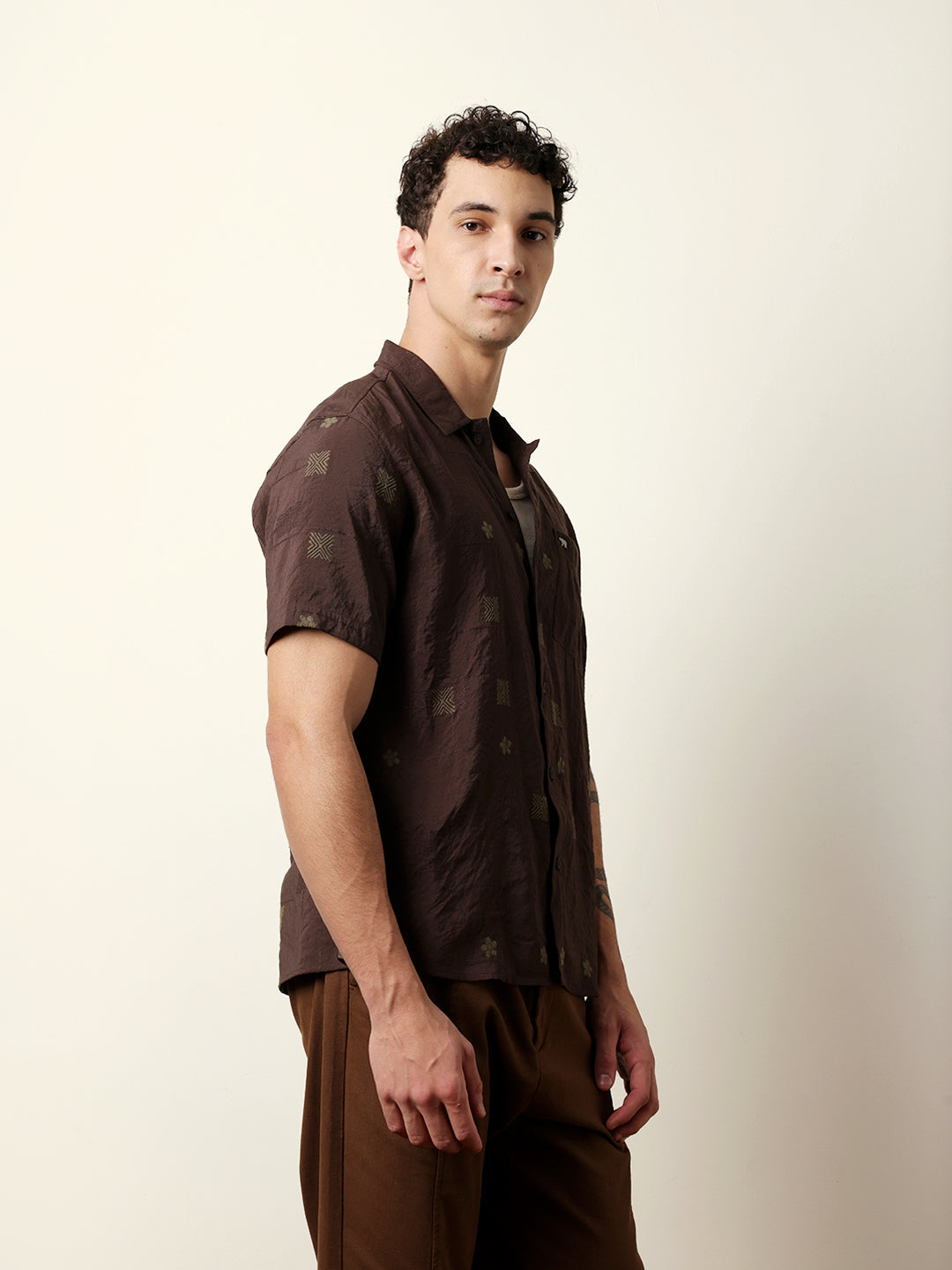 brown embroidered motif regular fit casual shirt brown embroidered motif regular fit casual shirt