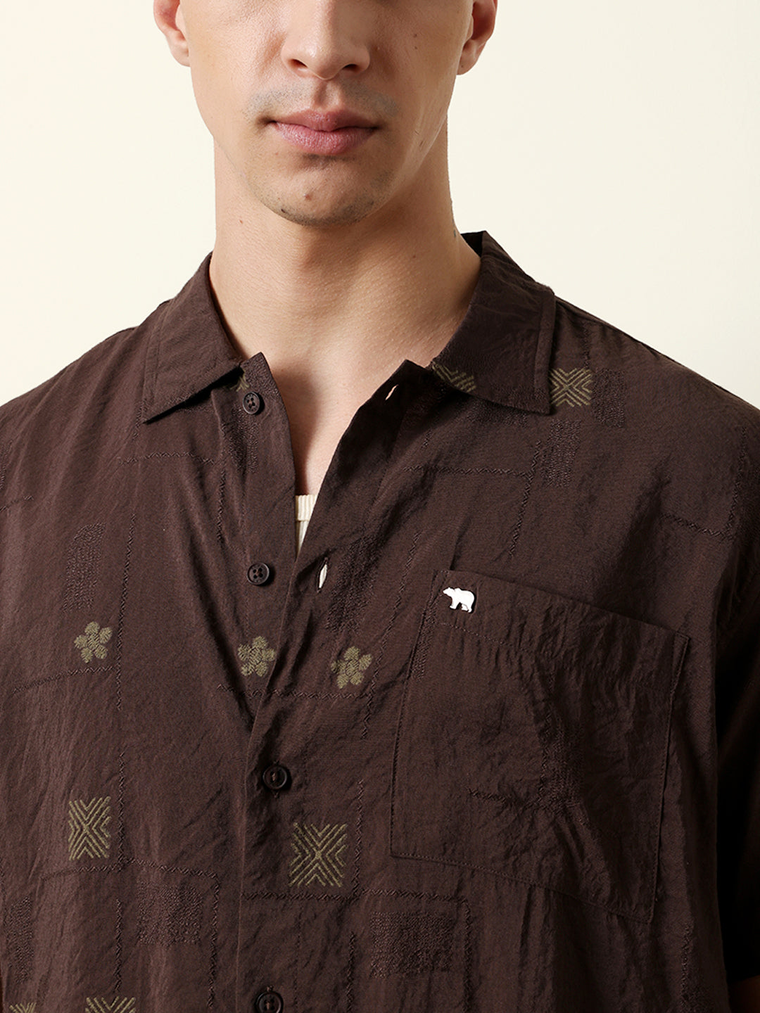 brown embroidered motif regular fit casual shirt brown embroidered motif regular fit casual shirt