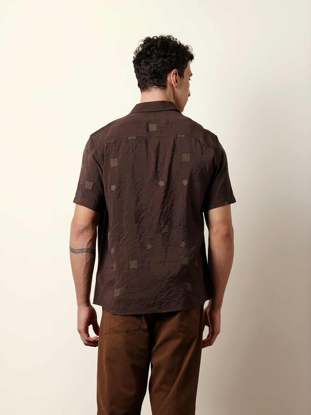 brown embroidered motif regular fit casual shirt brown embroidered motif regular fit casual shirt