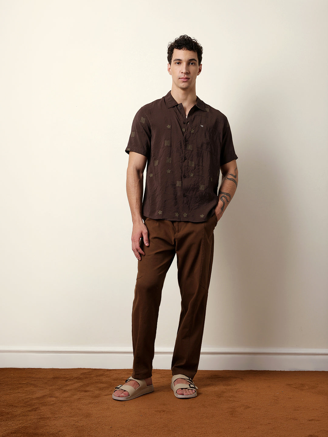 brown embroidered motif regular fit casual shirt brown embroidered motif regular fit casual shirt