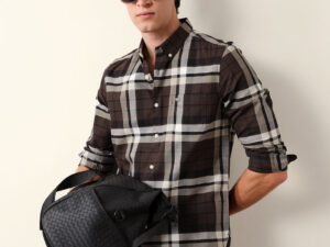 brown woven checkered slim fit casual shirt