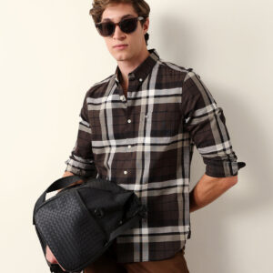 brown woven checkered slim fit casual shirt
