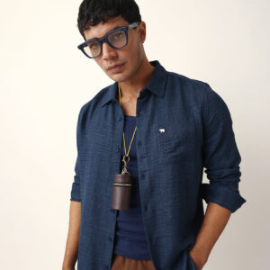 blue textured solid slim fit casual shirt