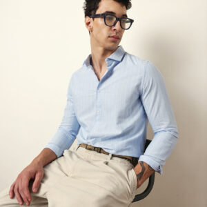 light blue vertical woven stripe slim fit casual shirt