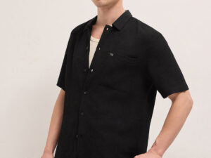 black relaxed fit half sleeve casual shirt with textured woven design