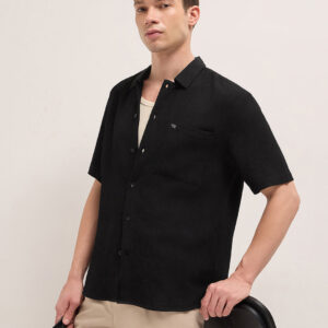 black relaxed fit half sleeve casual shirt with textured woven design