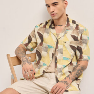 multicolor abstract brushstroke print oversized fit cuban collar shirt
