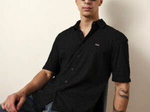 black textured woven oversized fit half sleeve casual shirt