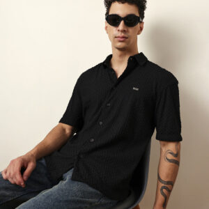 black textured woven oversized fit half sleeve casual shirt
