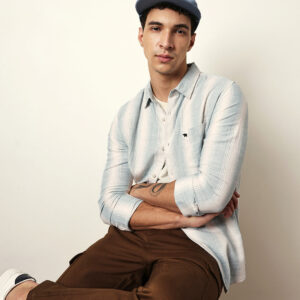 teal green with white herringbone striped slim fit casual shirt