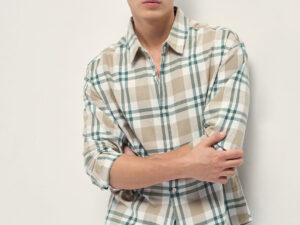 beige tartan check cotton relaxed fit overshirt