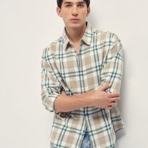 beige tartan check cotton relaxed fit overshirt