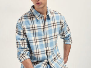 blue tartan check cotton relaxed fit overshirt