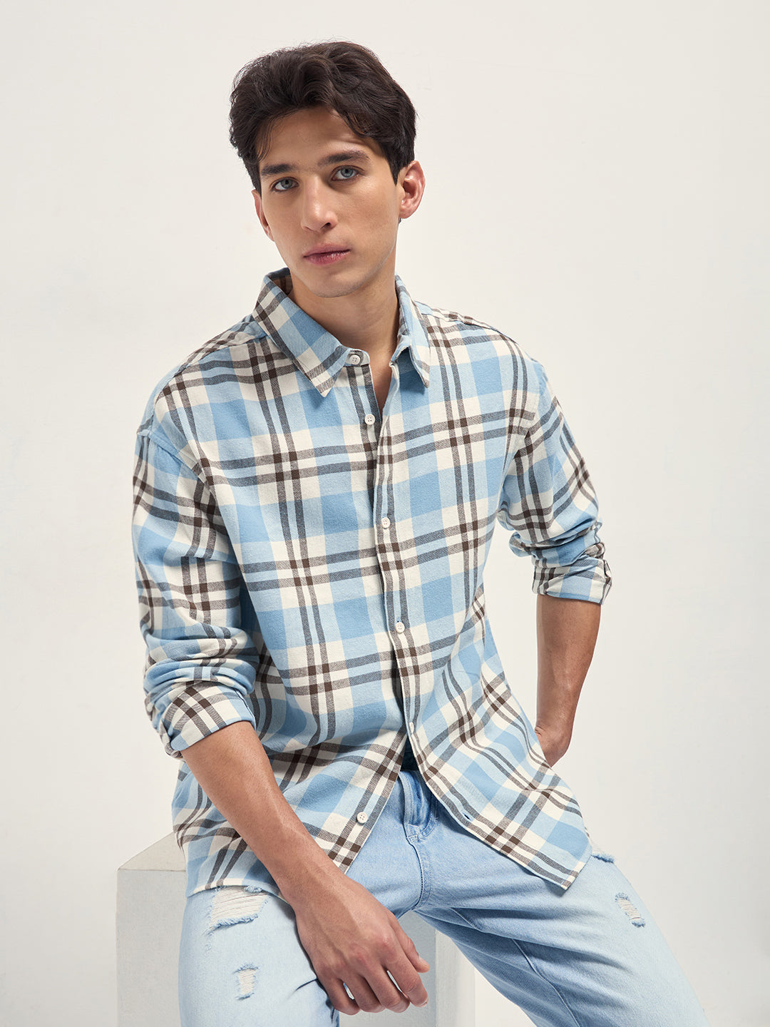 blue tartan check cotton relaxed fit overshirt blue tartan check cotton relaxed fit overshirt