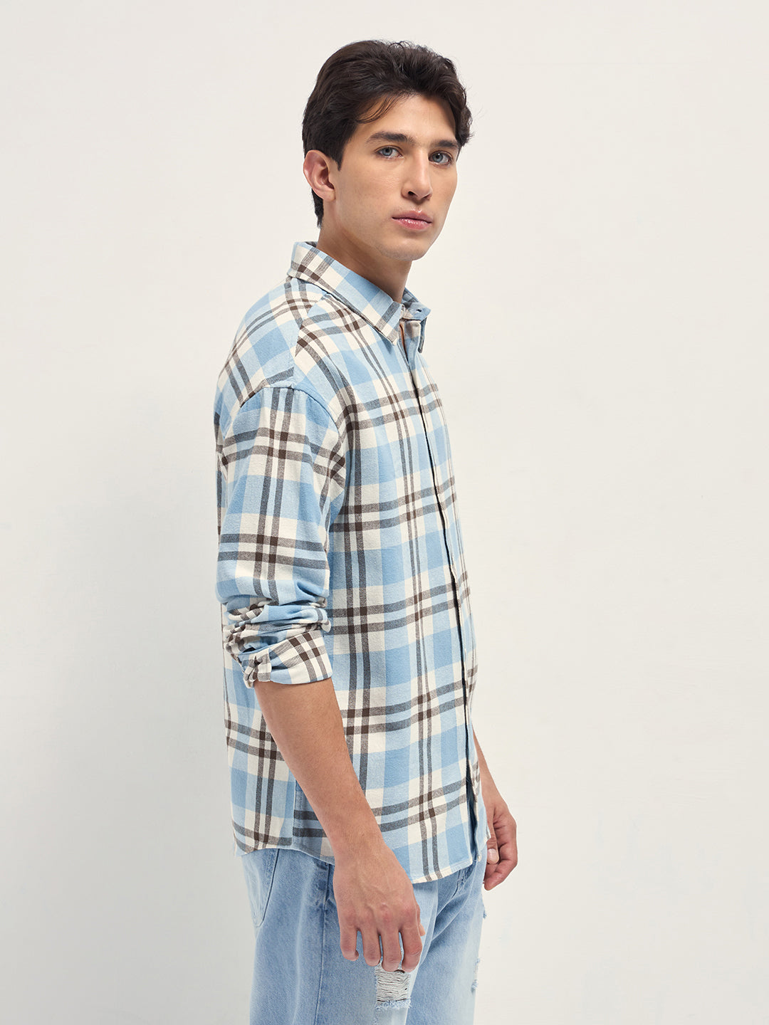 blue tartan check cotton relaxed fit overshirt blue tartan check cotton relaxed fit overshirt