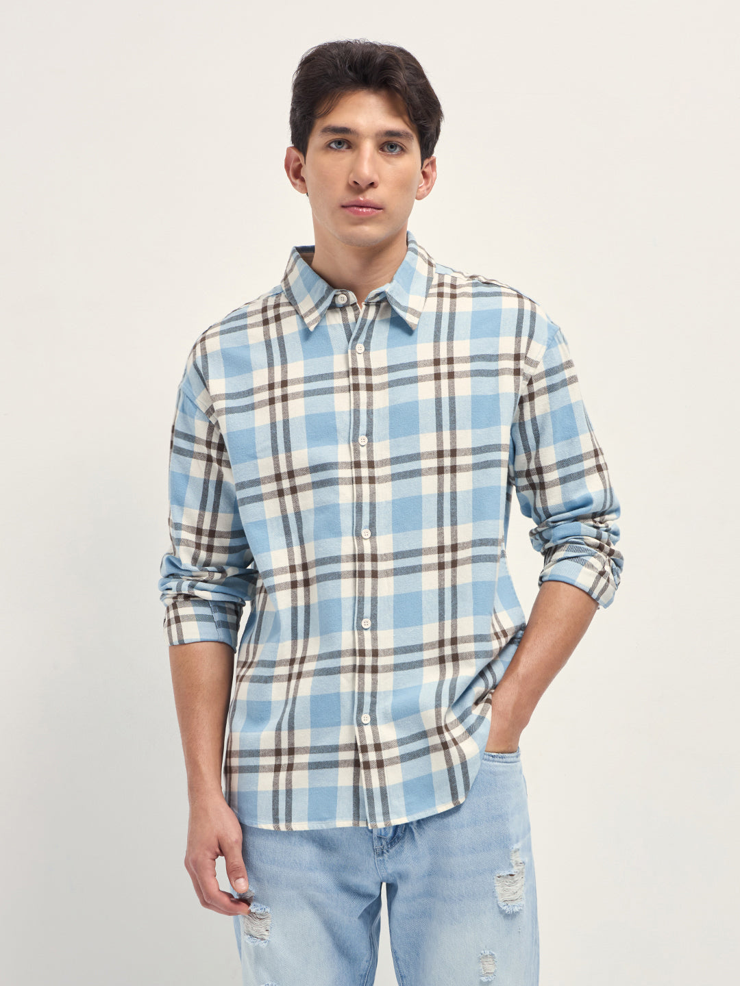 blue tartan check cotton relaxed fit overshirt blue tartan check cotton relaxed fit overshirt