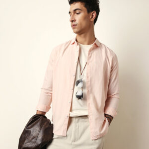 peach vertical woven stripe slim fit casual shirt