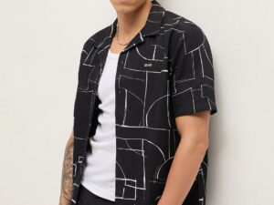 black abstract geometric print relaxed fit cuban collar casual shirt