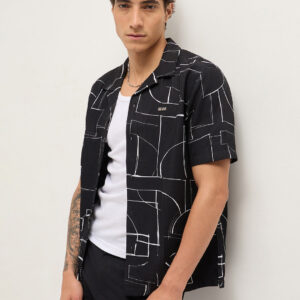 black abstract geometric print relaxed fit cuban collar casual shirt