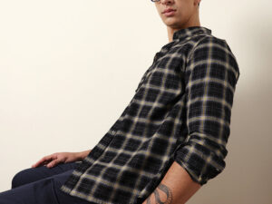 black flannel woven checked slim fit casual shirt