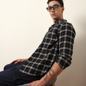 black flannel woven checked slim fit casual shirt