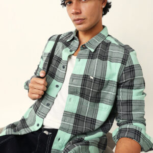 sage green & black flannel checked slim fit woven casual shirt