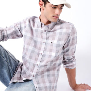 purple woven check slim fit casual shirt