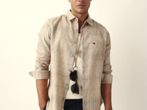 beige woven checked slim fit casual shirt