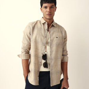 beige woven checked slim fit casual shirt