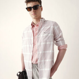 light pink woven windowpane check slim fit casual shirt