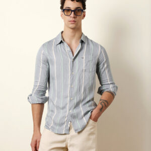 grey vertical woven stripe slim fit casual shirt