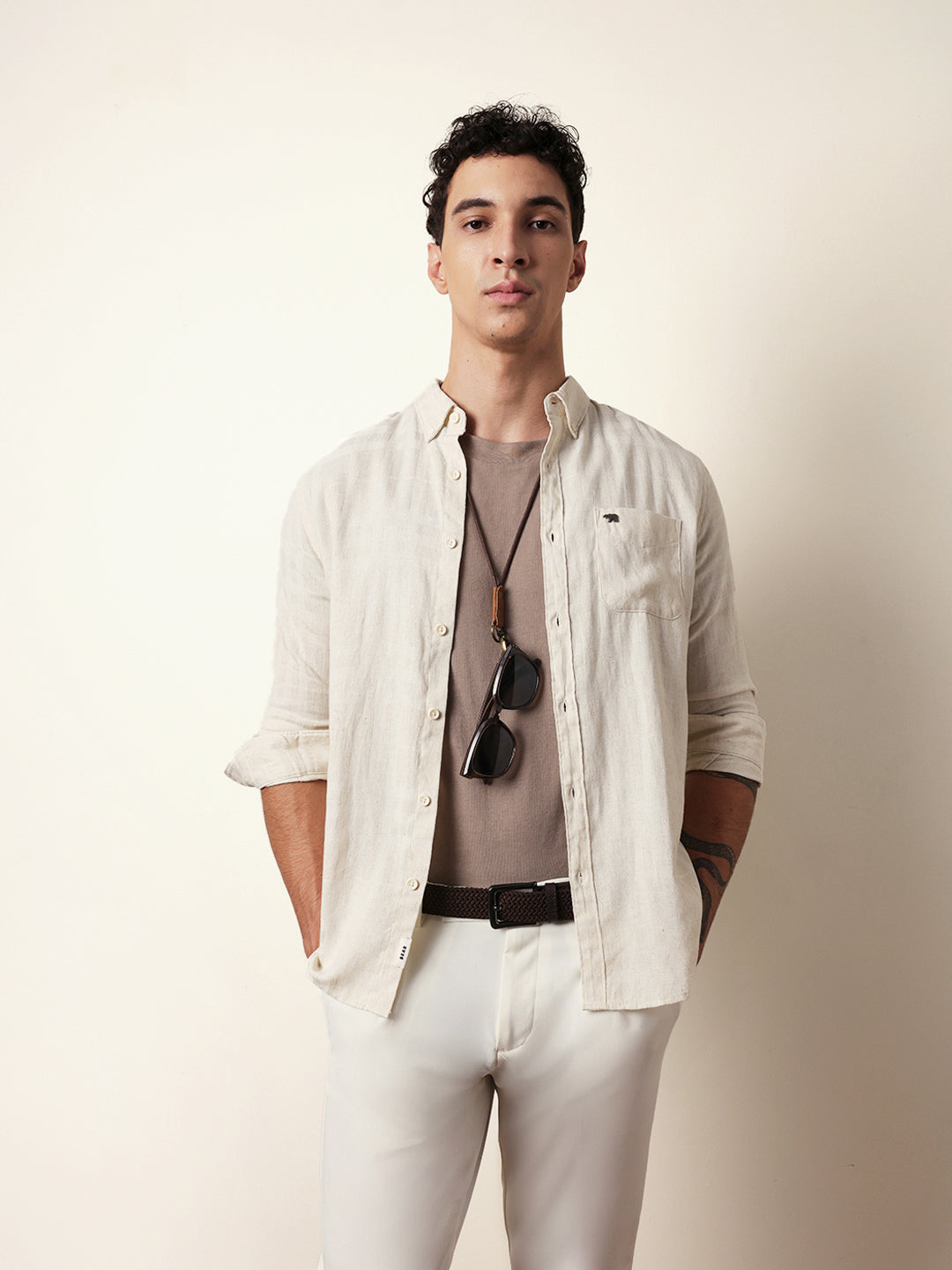 cream woven checks slim fit casual shirt cream woven checks slim fit casual shirt