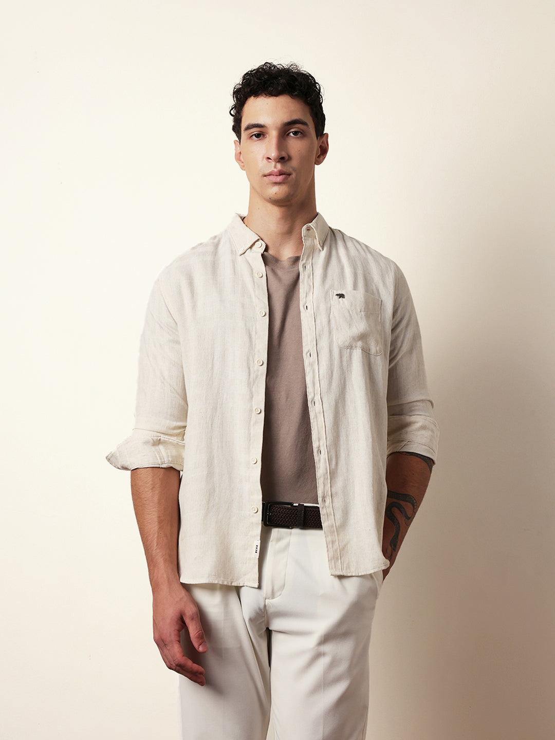 cream woven checks slim fit casual shirt cream woven checks slim fit casual shirt
