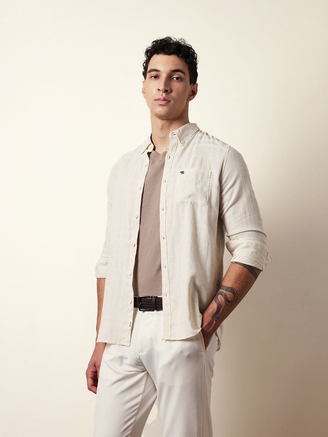 cream woven checks slim fit casual shirt cream woven checks slim fit casual shirt