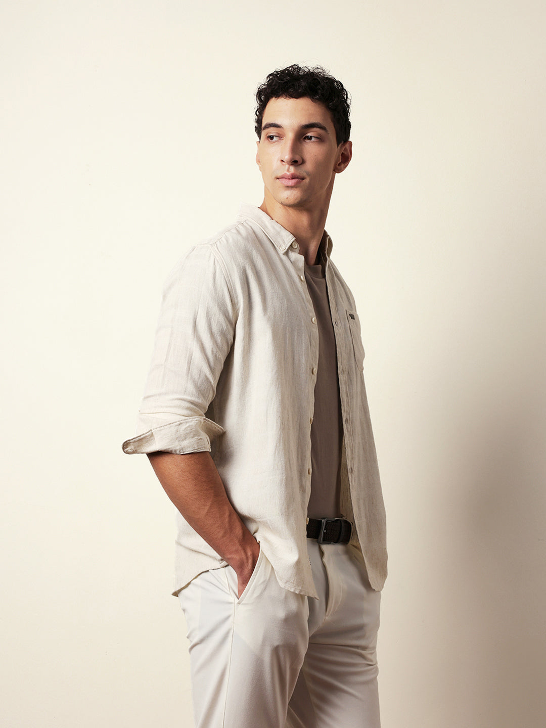 cream woven checks slim fit casual shirt cream woven checks slim fit casual shirt