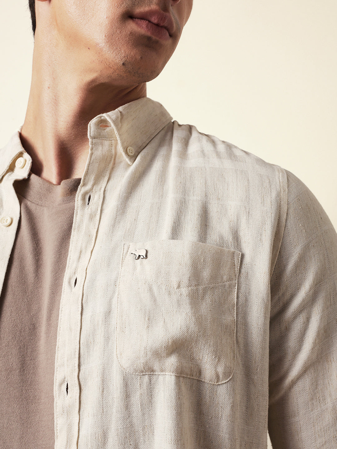 cream woven checks slim fit casual shirt cream woven checks slim fit casual shirt